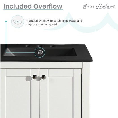 Swiss Madison, Cannes 24 in. White Bathroom Vanity With Black, 3-Hole Ceramic Sink Top