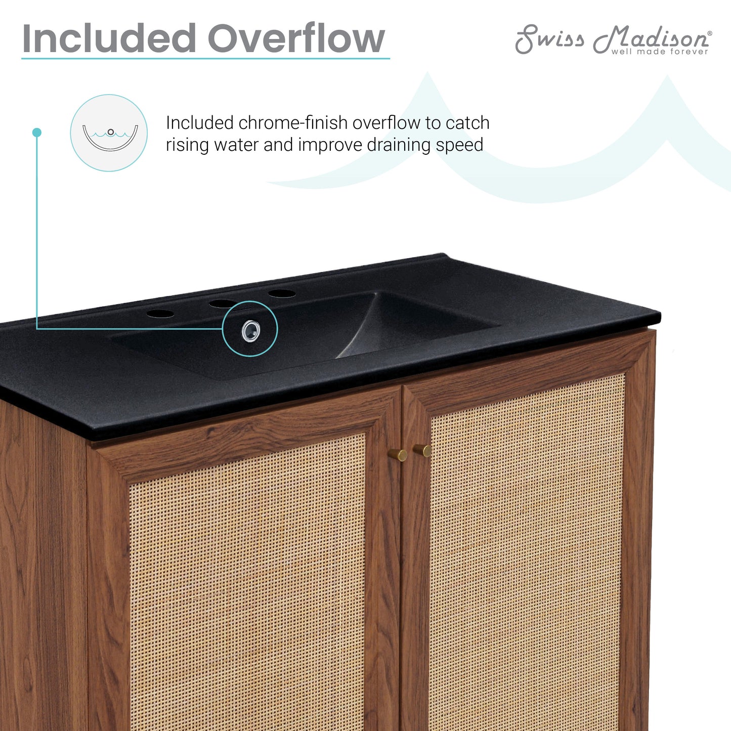 Swiss Madison, Classe 36" Freestanding Bathroom Vanity in Brown Oak with Black 3-Hole Widespread Sink Top