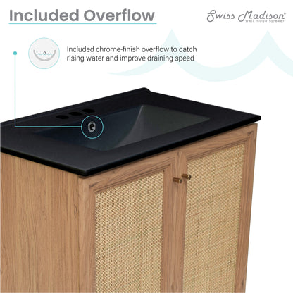 Swiss Madison, Classe 30" Freestanding Bathroom Vanity in Golden Oak with Black 3-Hole Widespread Sink Top