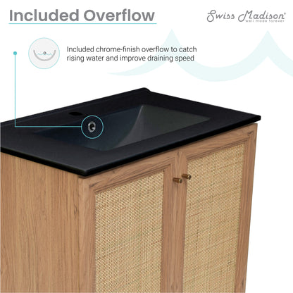 Swiss Madison, Classe 30" Freestanding Bathroom Vanity in Golden Oak with Black Sink Top