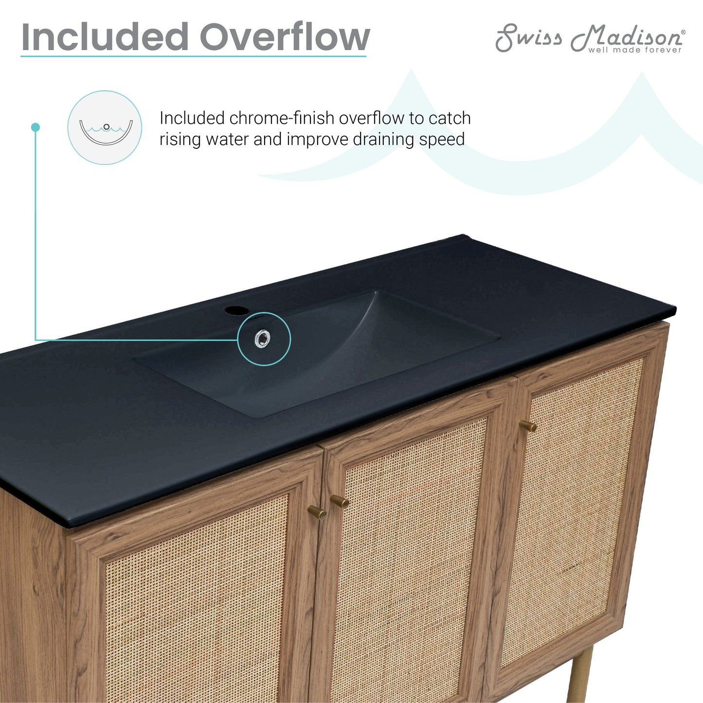 Swiss Madison, Classe 48" Freestanding Bathroom Vanity in Golden Oak with Black Sink Top