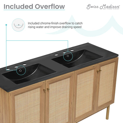 Swiss Madison, Classe 60" Freestanding Bathroom Vanity in Golden Oak with Black 3-Hole Widespread Double Basin Sink Top