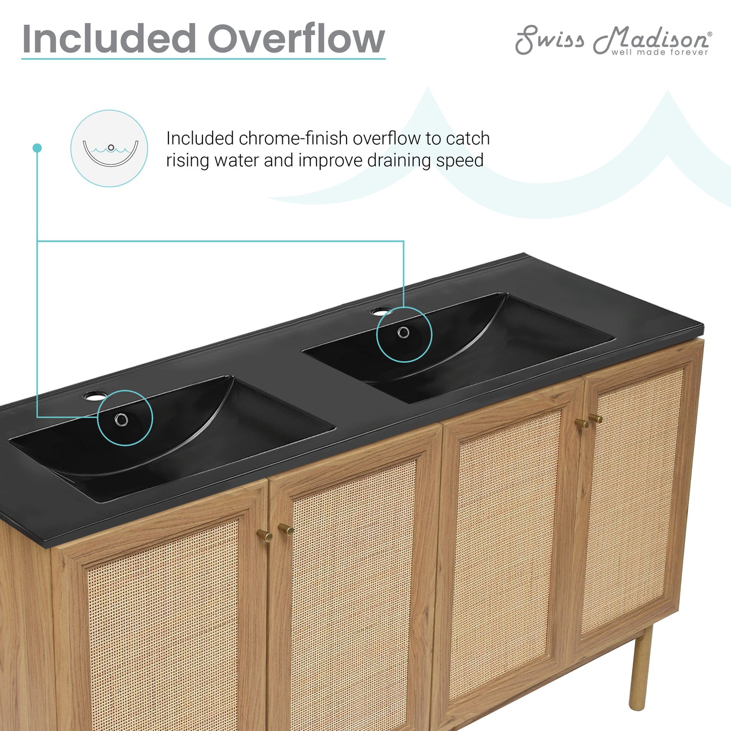 Swiss Madison, Classe 60" Freestanding Bathroom Vanity in Golden Oak with Black Double Basin Sink Top