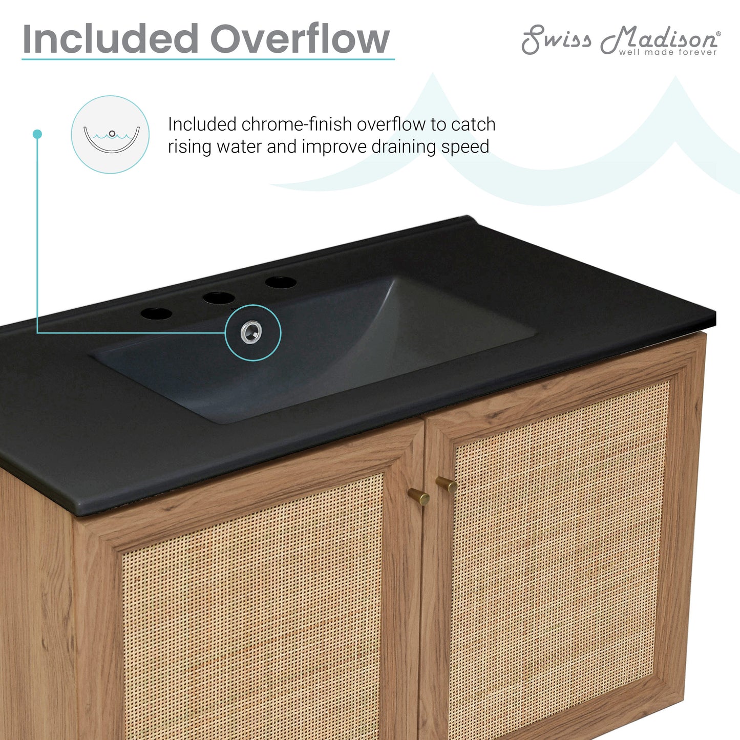 Swiss Madison, Classe 36 in. Brown Oak Wall Hung Bathroom Vanity With Black, 3-Hole Ceramic Sink Top