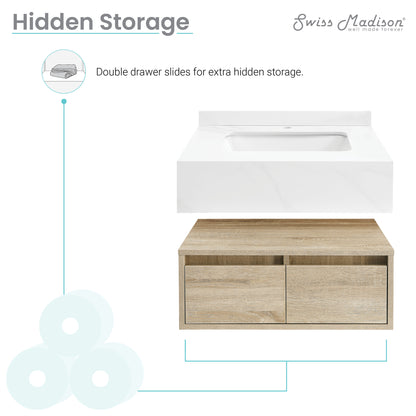 Swiss Madison, Avancer 24" Wall-Mounted Bathroom Vanity in Weathered Oak with Sink Top