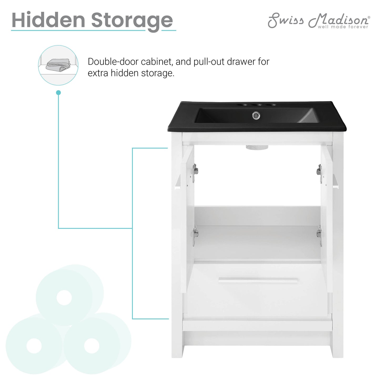 Swiss Madison, Virage 24 in. White Bathroom Vanity With Black, 3-Hole Ceramic Sink Top