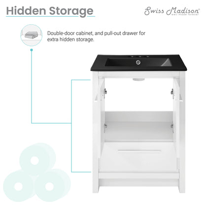 Swiss Madison, Virage 24 in. White Bathroom Vanity With Black, 3-Hole Ceramic Sink Top