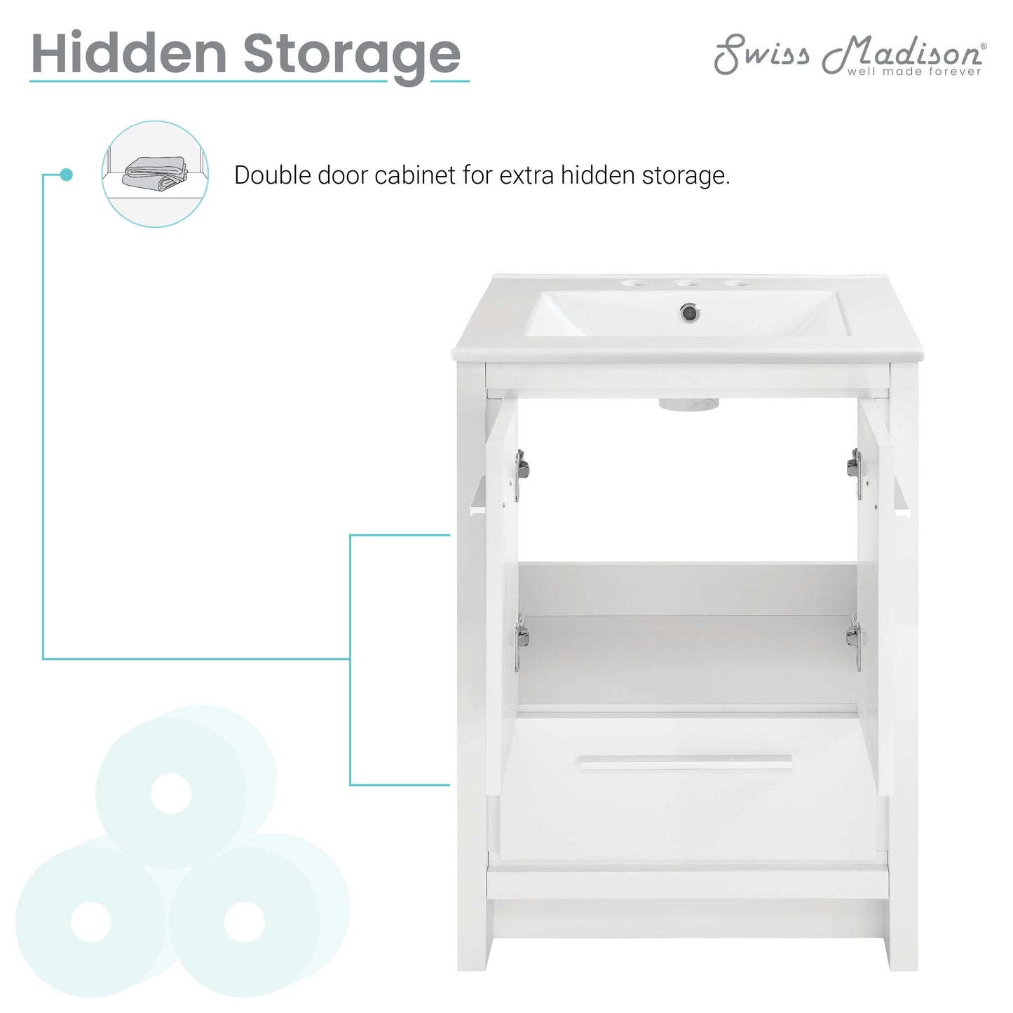 Swiss Madison, Virage 24 in. White Bathroom Vanity With White, 3-Hole Ceramic Sink Top
