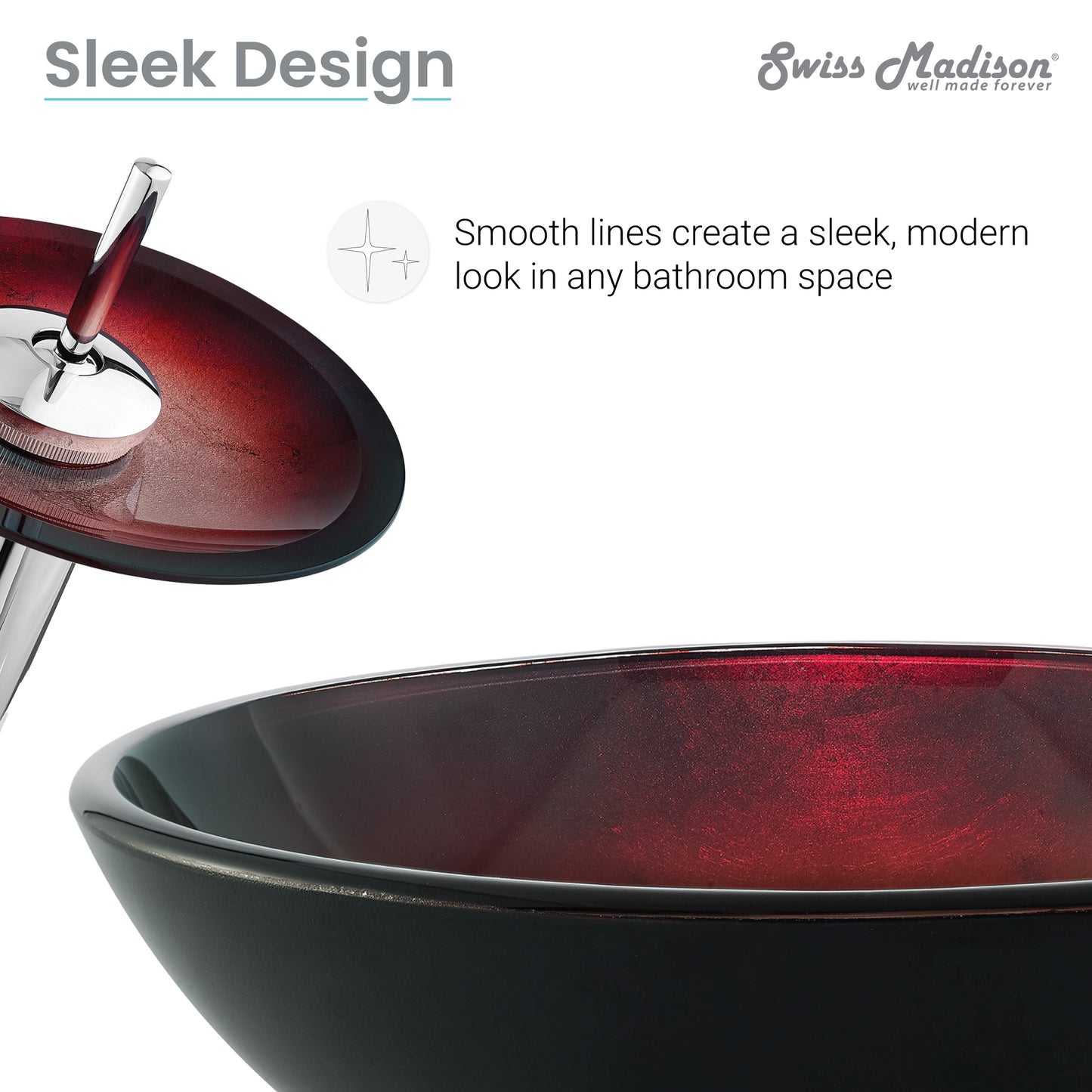 Swiss Madison, Cascade 16.5 Glass Vessel Sink with Faucet, Ember Red