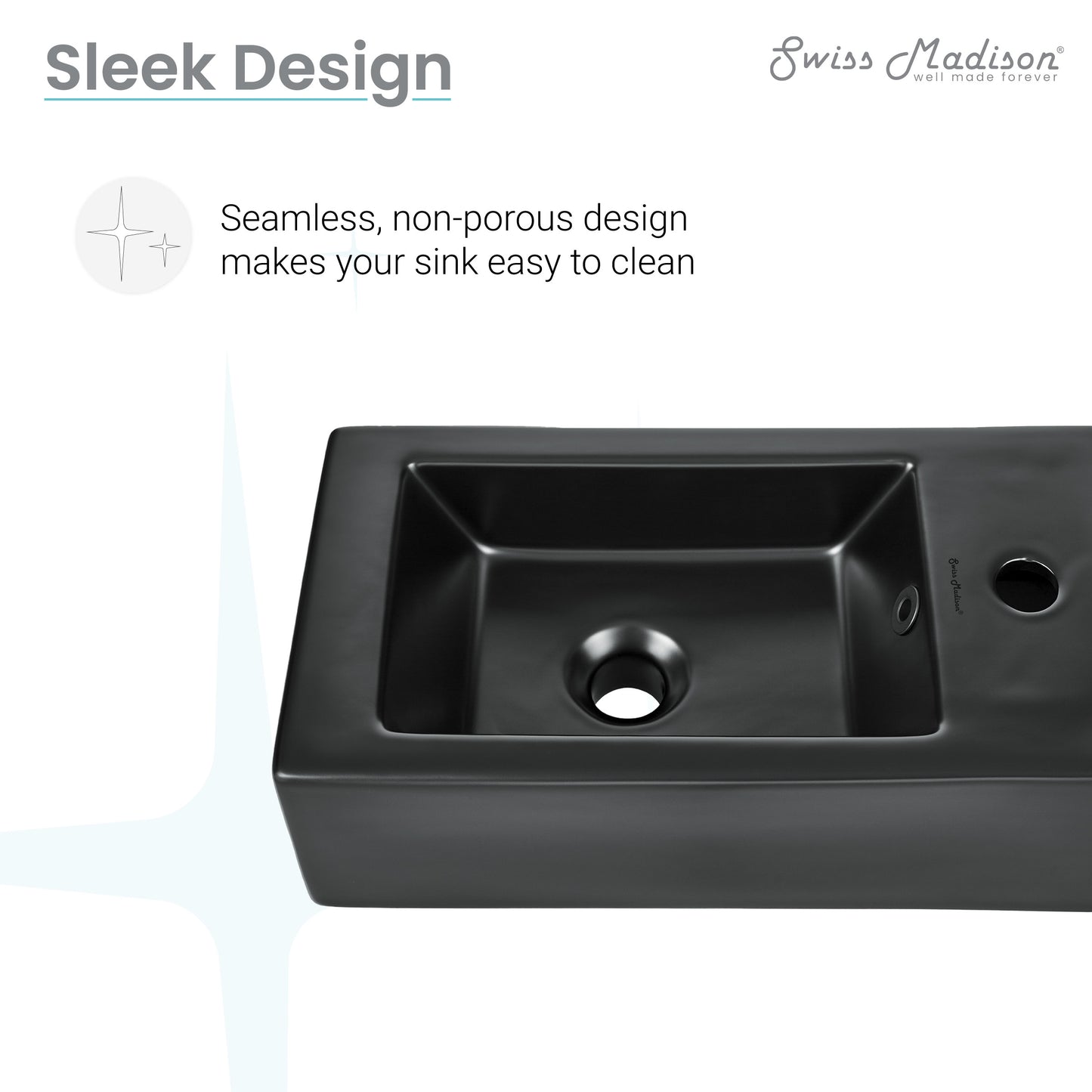 Swiss Madison, Voltaire 19.5 x 10 Rectangular Ceramic Wall Hung Sink with Right Side Faucet Mount, Matte Black