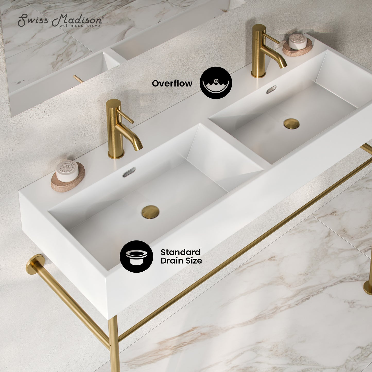 Swiss Madison, Claire 48" Double Basin Console Sink with Brushed Gold Legs
