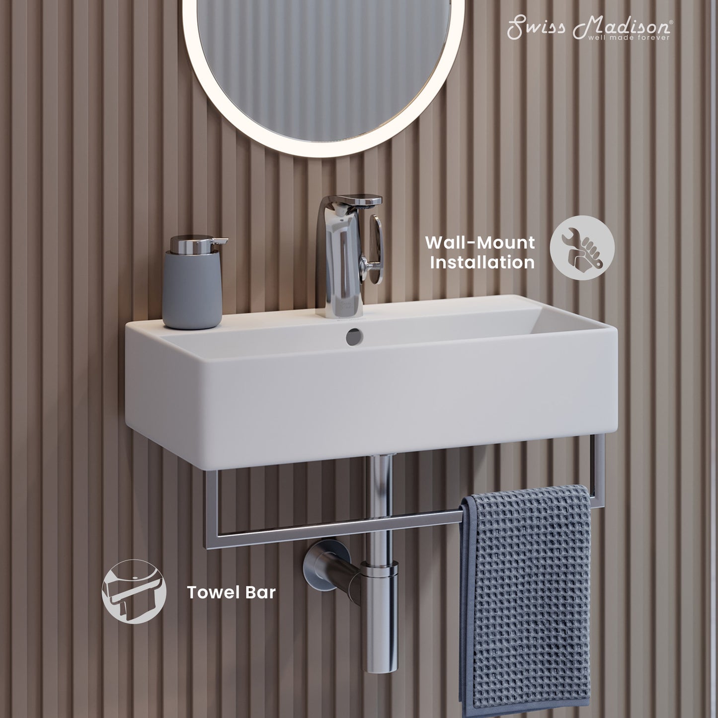 Swiss Madison, Claire 22" Wall-Mount Bathroom Sink with Silver Towel Bar