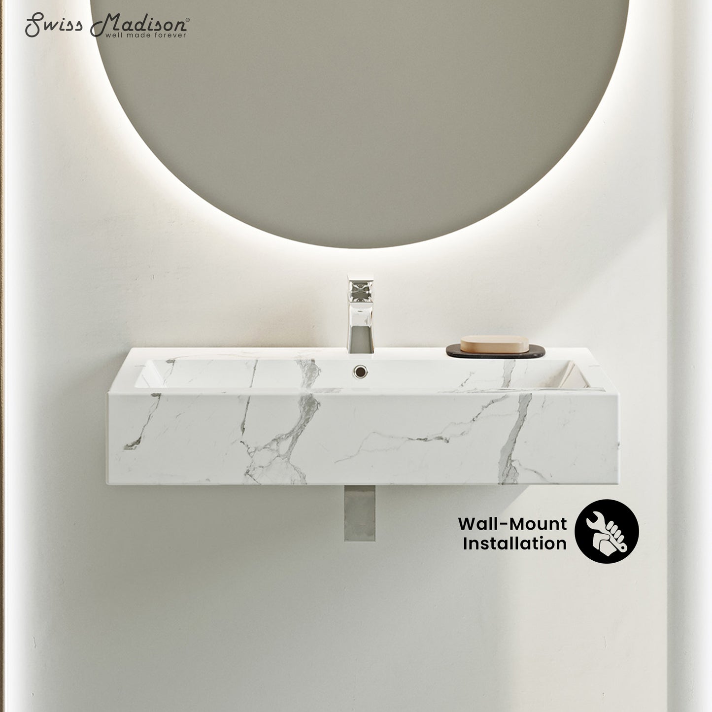 Swiss Madison, Voltaire Wide Rectangle Wall Hung Sink in White Marble