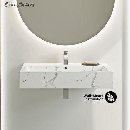 Swiss Madison, Voltaire Wide Rectangle Wall Hung Sink in White Marble