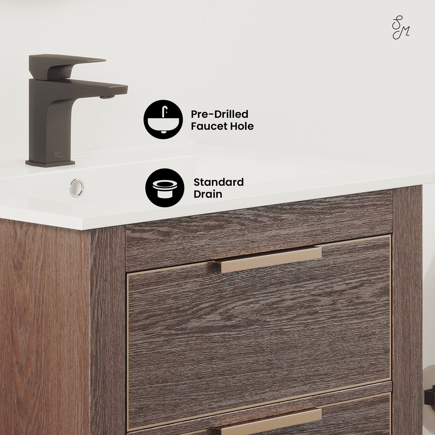 Swiss Madison, Hugo 24" Freestanding Bathroom Vanity in Brown Oak with Sink Top