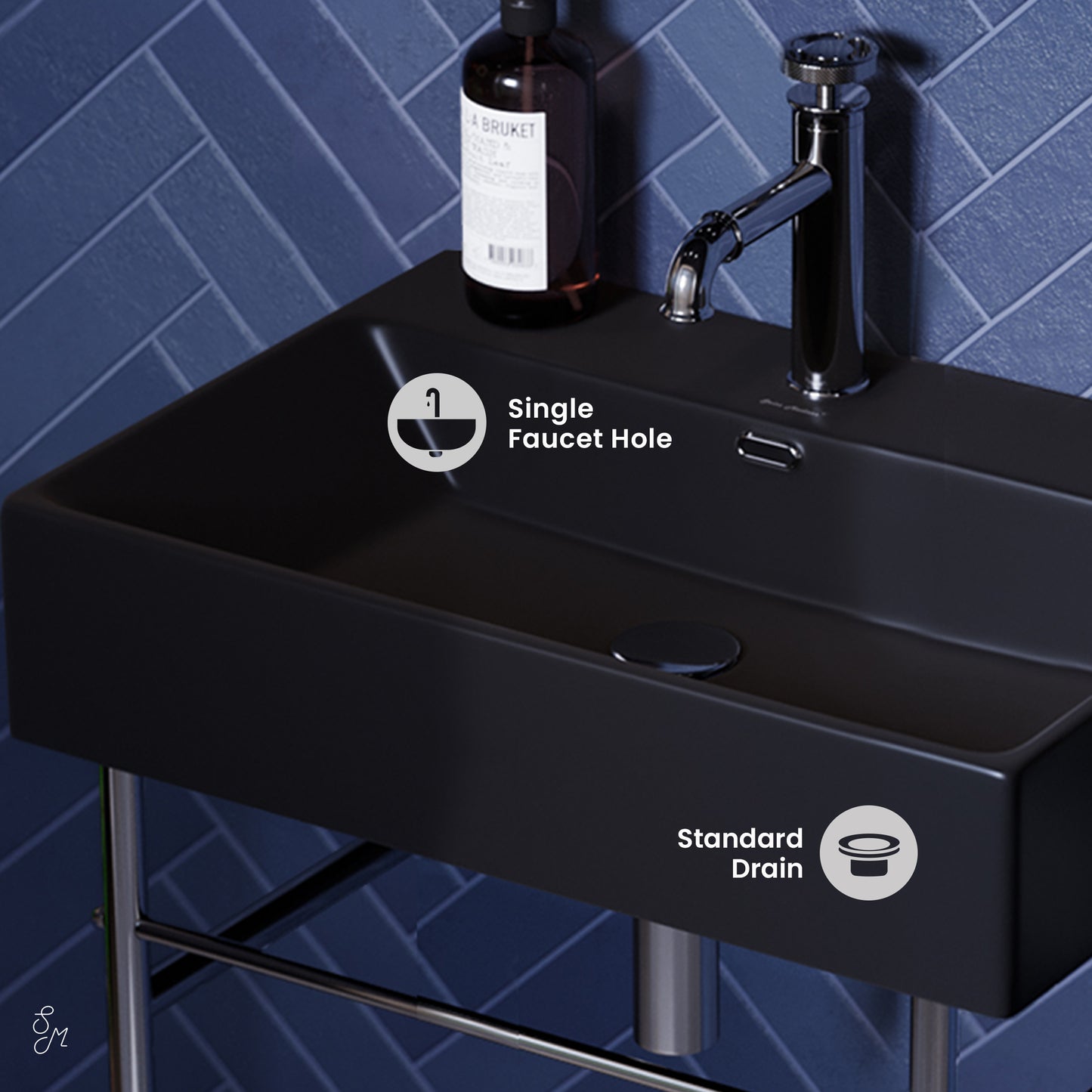 Swiss Madison, Claire 24 Ceramic Console Sink Matte Black Basin Chrome Legs