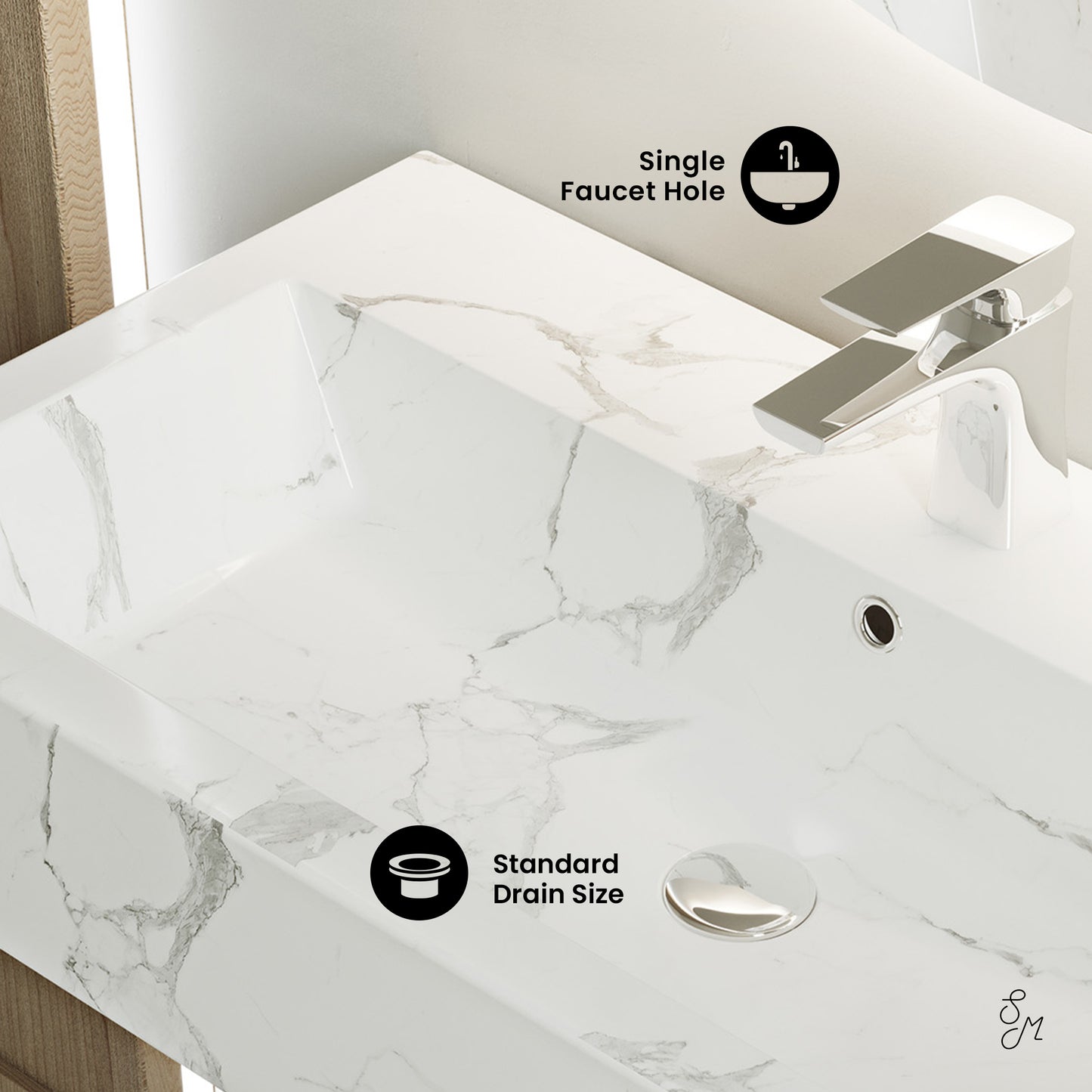 Swiss Madison, Voltaire Wide Rectangle Wall Hung Sink in White Marble