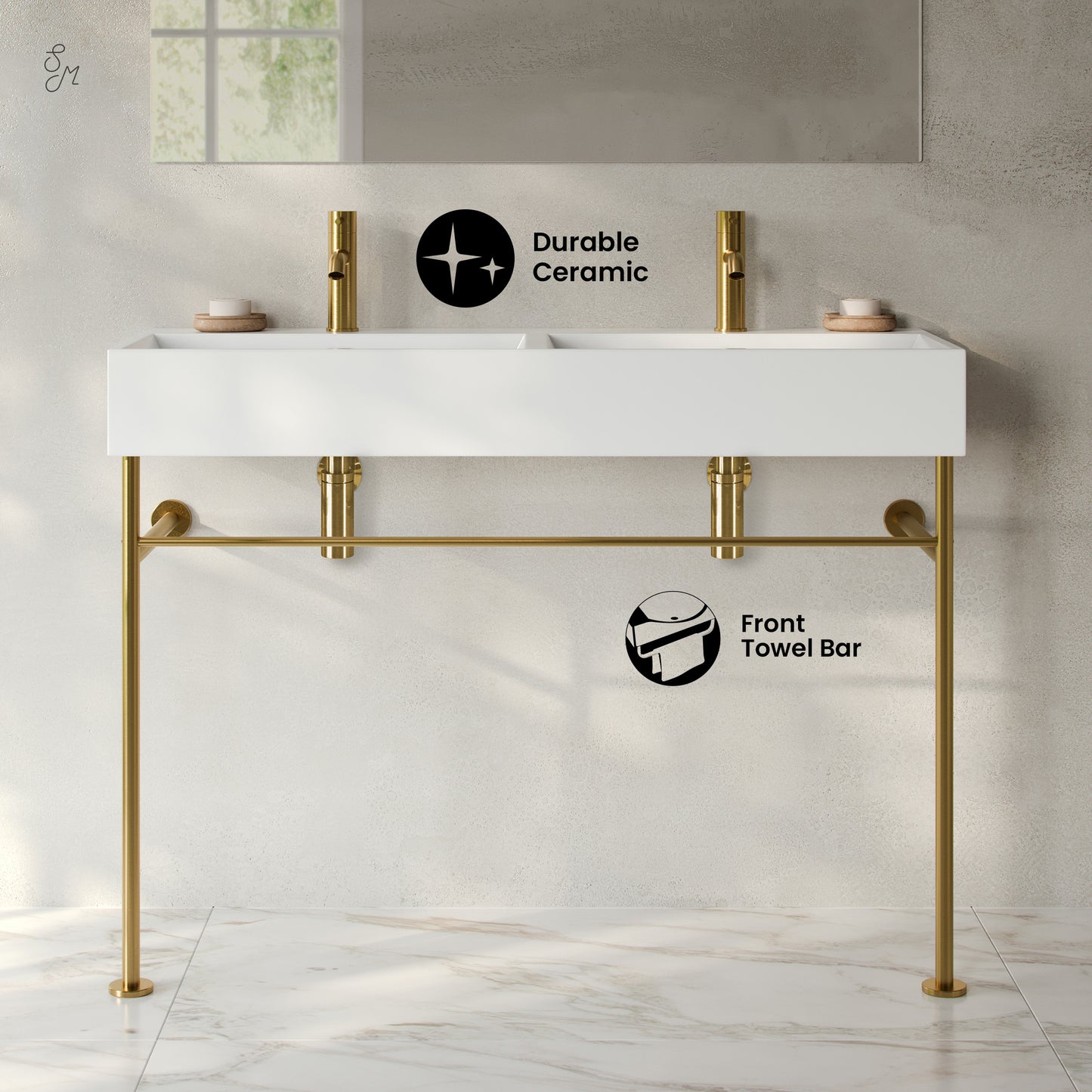 Swiss Madison, Claire 48" Double Basin Console Sink with Brushed Gold Legs