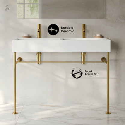 Swiss Madison, Claire 48" Double Basin Console Sink with Brushed Gold Legs