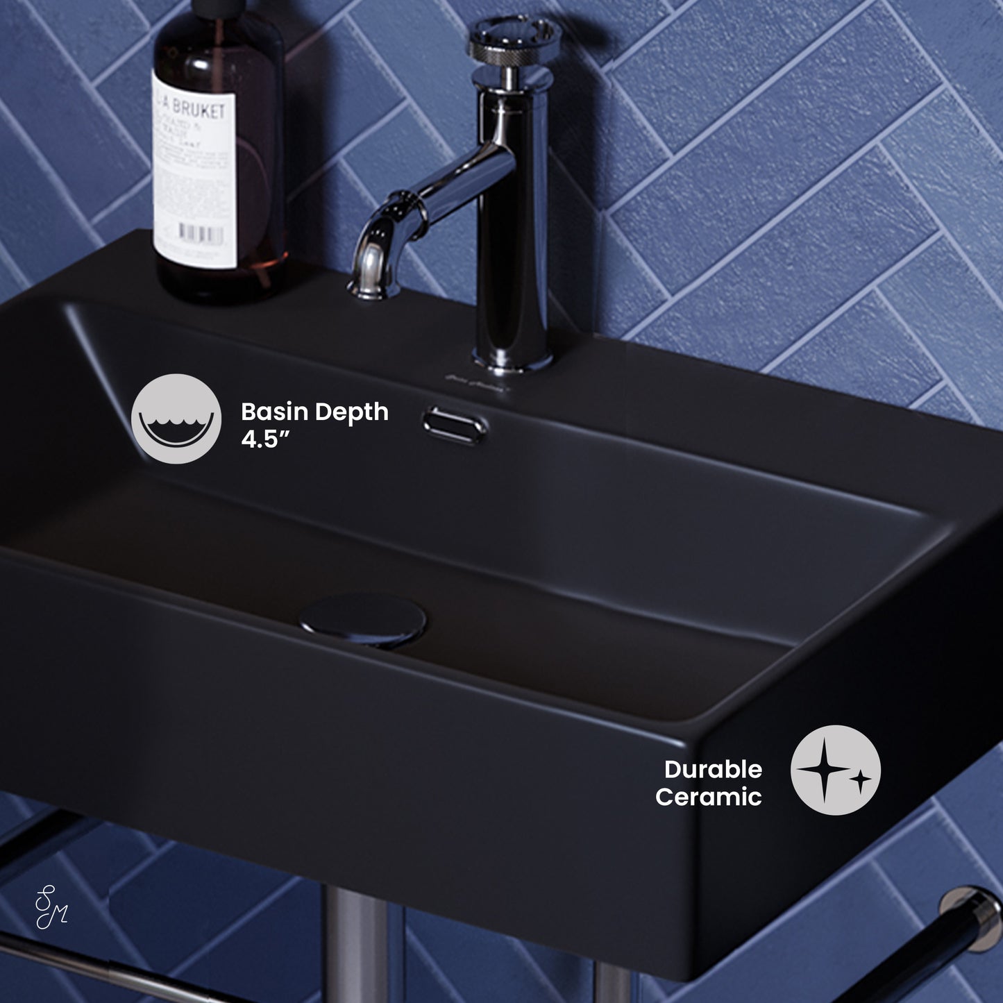 Swiss Madison, Claire 24 Ceramic Console Sink Matte Black Basin Chrome Legs
