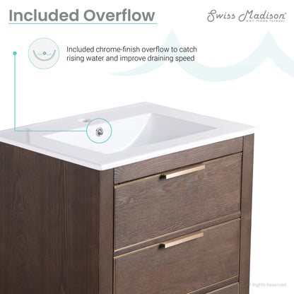 Swiss Madison, Hugo 24" Freestanding Bathroom Vanity in Brown Oak with Sink Top