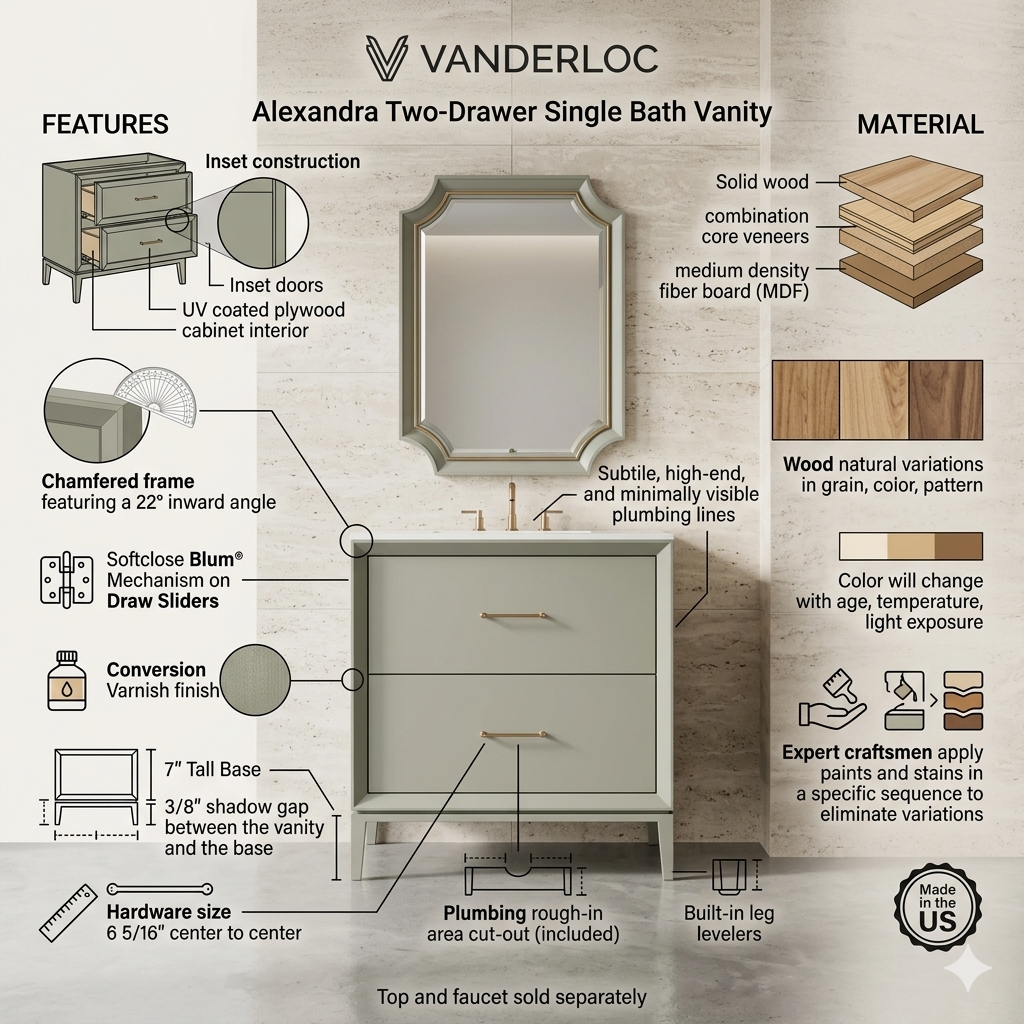 Vanderloc Alexandra Two-Drawer Single Bath Vanity - Vanderloc bathroom vanity product specification