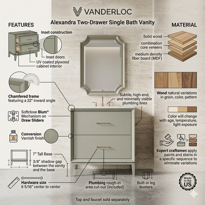Vanderloc Alexandra Two-Drawer Single Bath Vanity - Vanderloc bathroom vanity product specification