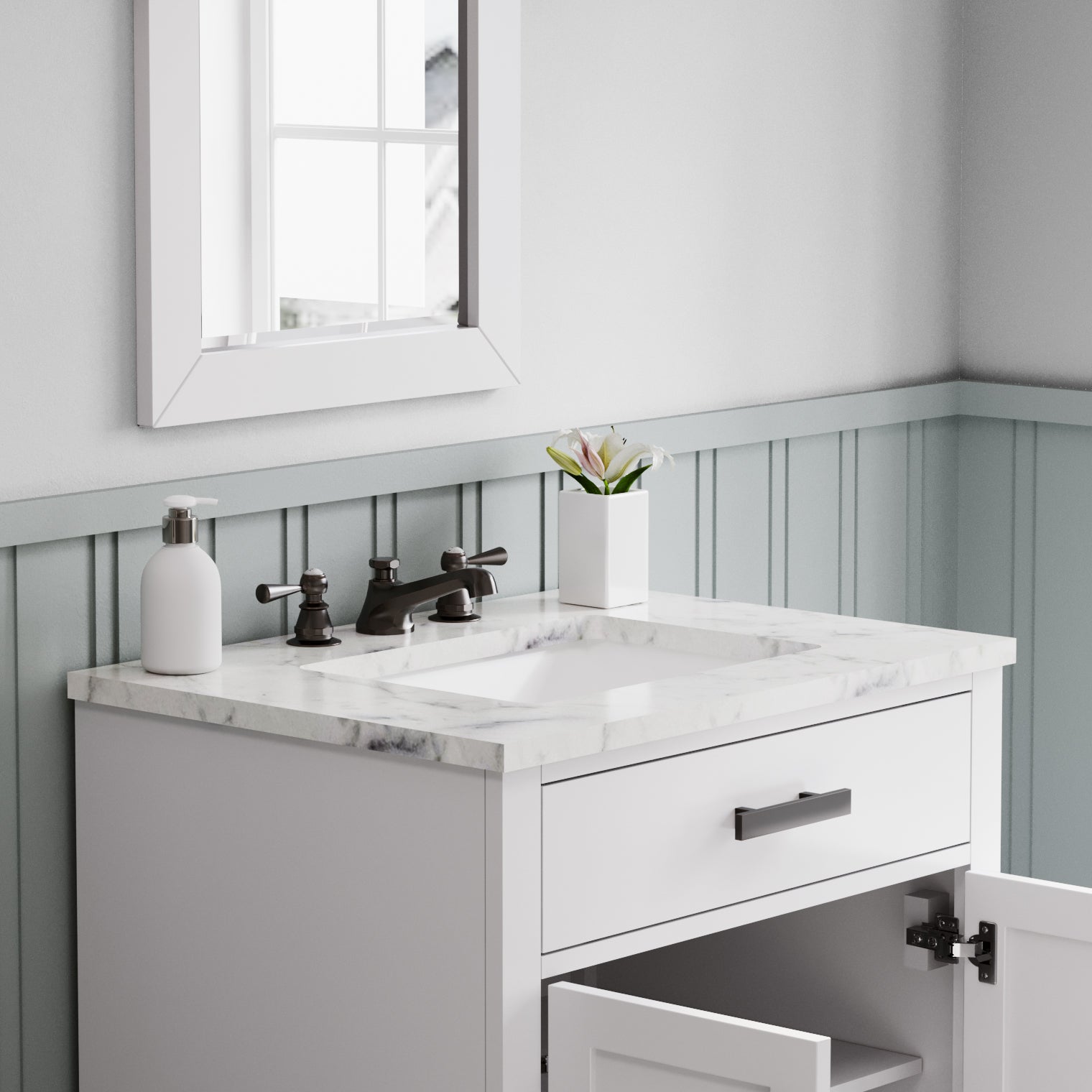 Hartford 30 In. Bath Vanity in White with Marble Vanity Top with White Basin | Water Creation