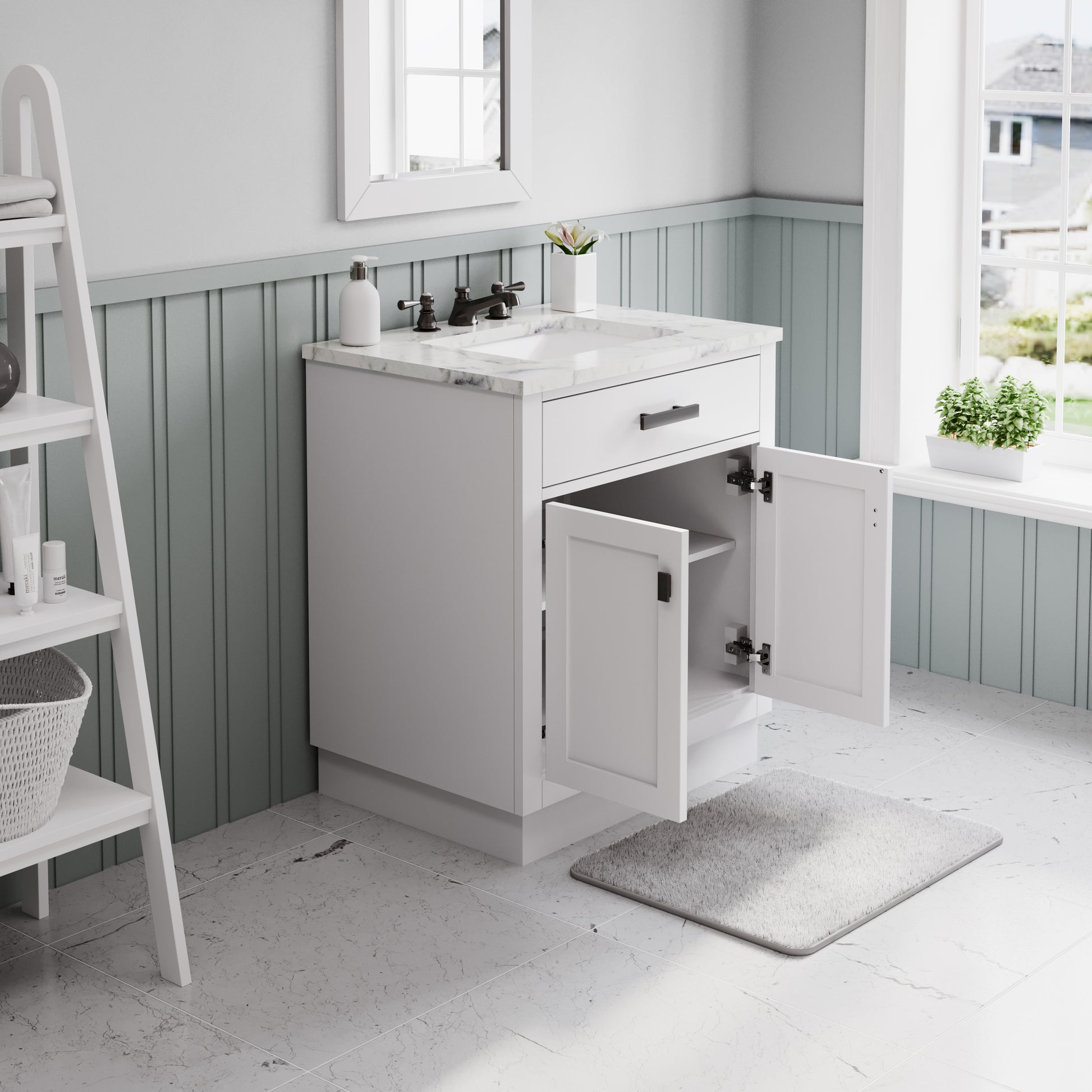 Hartford 30 In. Bath Vanity in White with Marble Vanity Top with White Basin | Water Creation