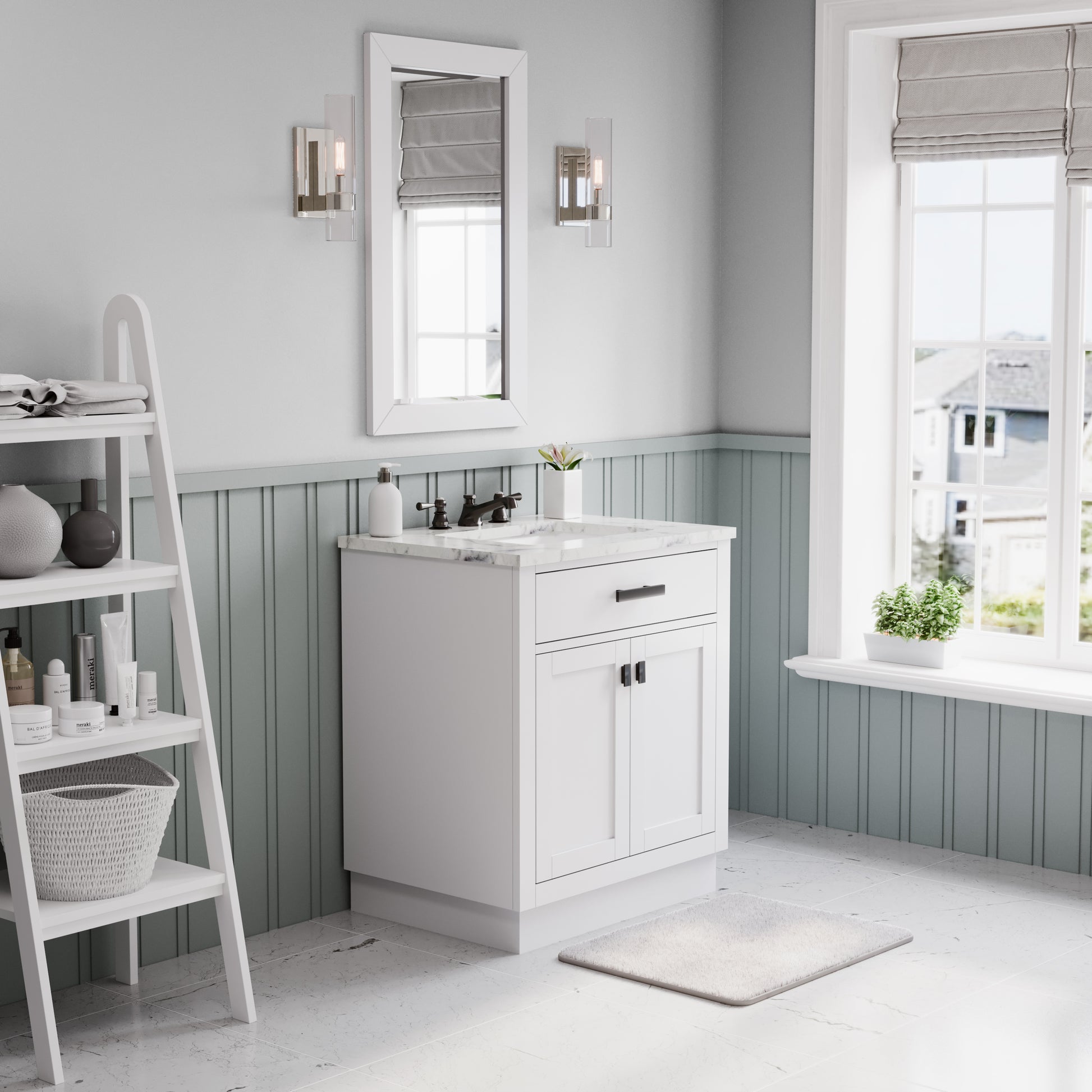 Hartford 30 In. Bath Vanity in White with Marble Vanity Top with White Basin | Water Creation