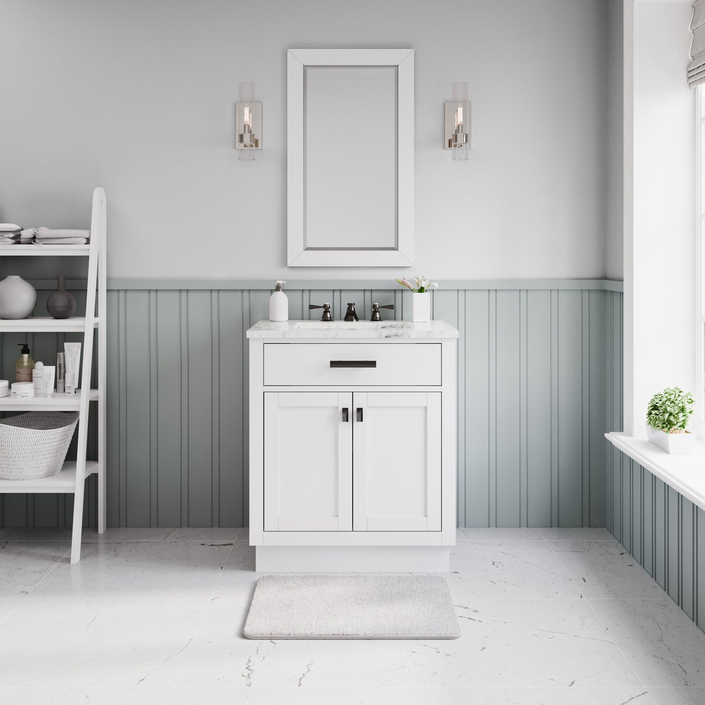 Hartford 30 In. Bath Vanity in White with Marble Vanity Top with White Basin | Water Creation
