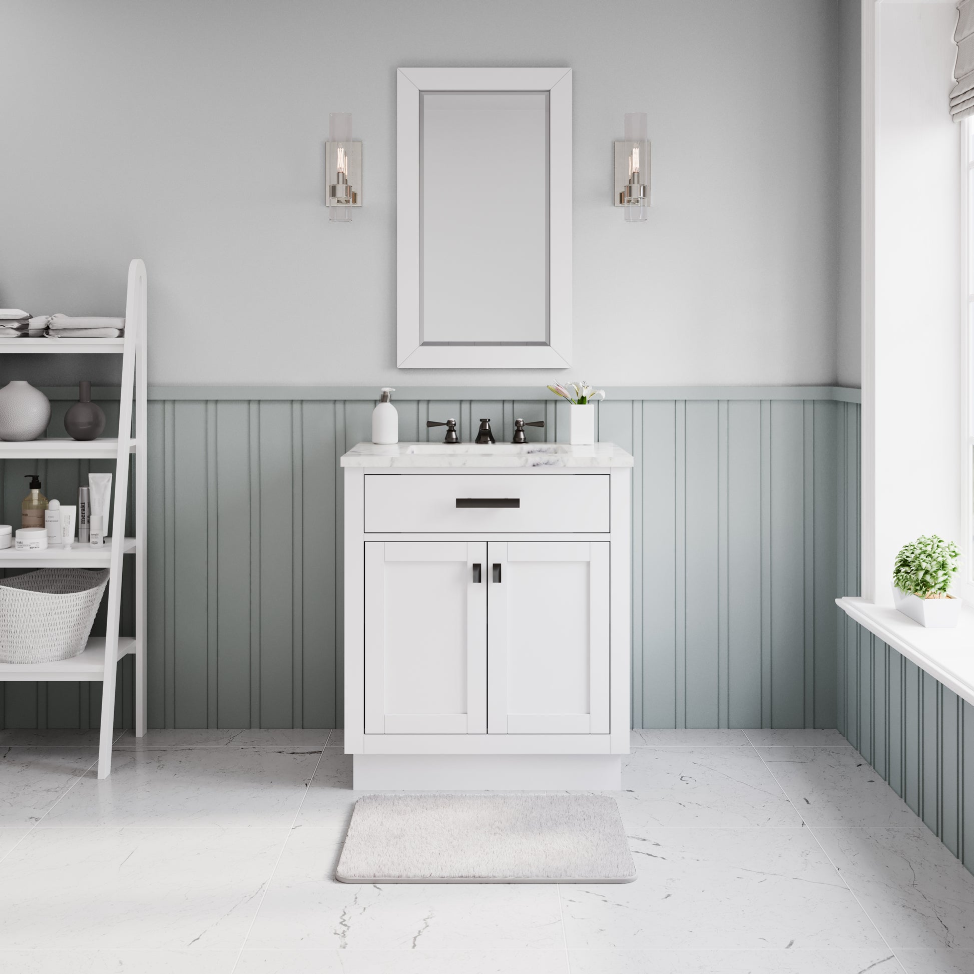 Hartford 30 In. Bath Vanity in White with Marble Vanity Top with White Basin | Water Creation