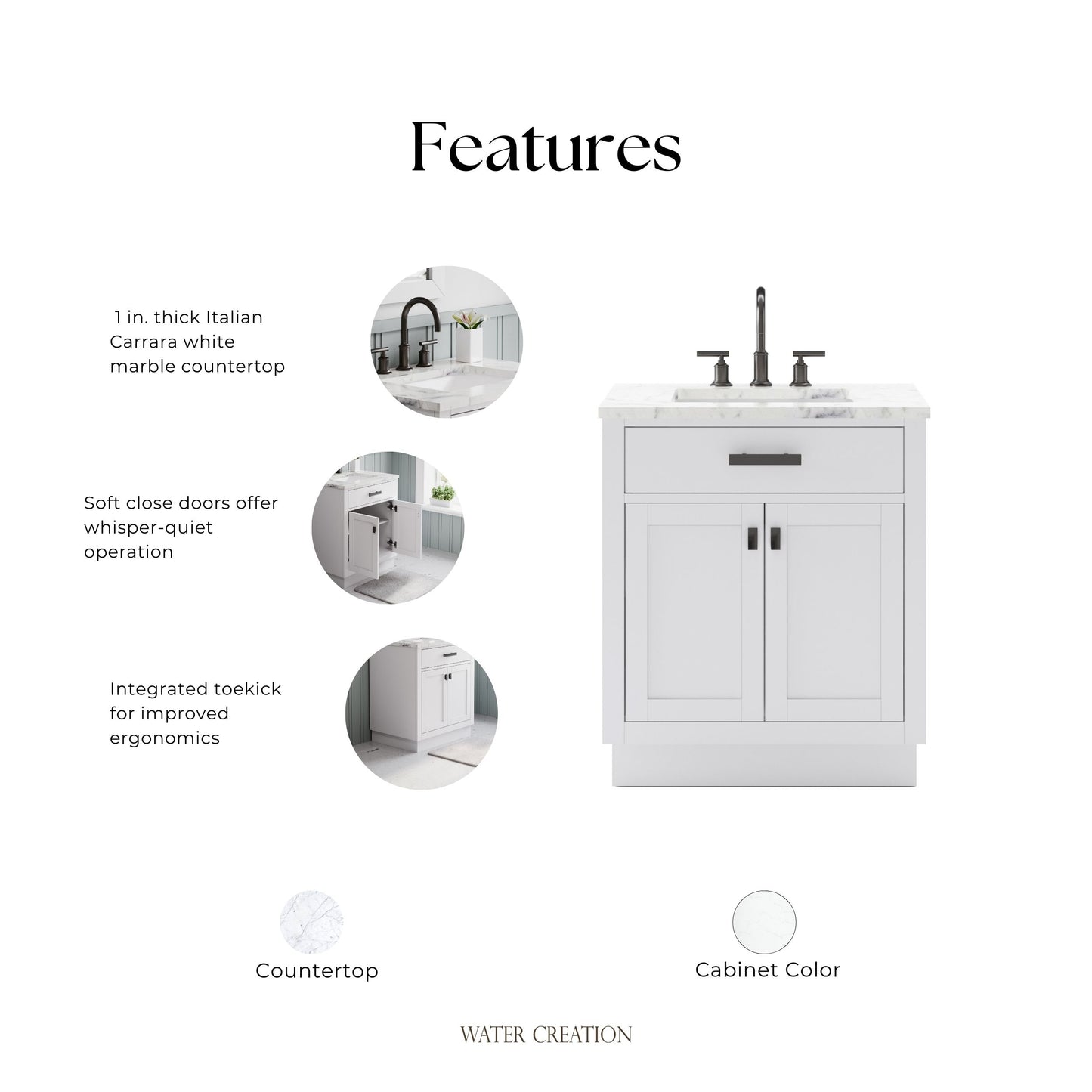 Hartford 30 In. Bath Vanity in White with Marble Vanity Top with White Basin | Water Creation