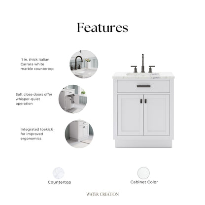 Hartford 30 In. Bath Vanity in White with Marble Vanity Top with White Basin | Water Creation