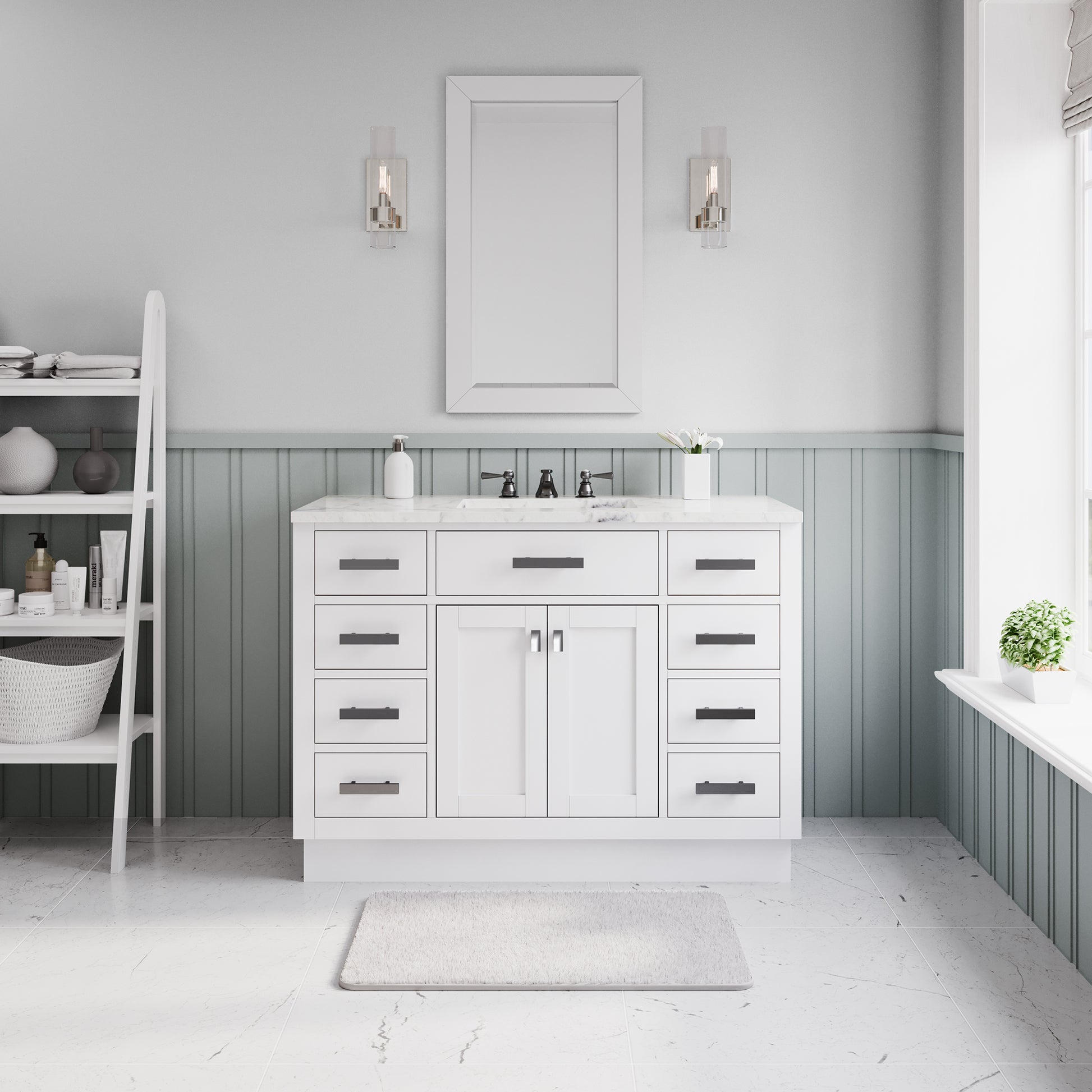 Hartford 48 In. 34 In. H Bath Vanity in White with Marble Vanity Top and White Basin | Water Creation