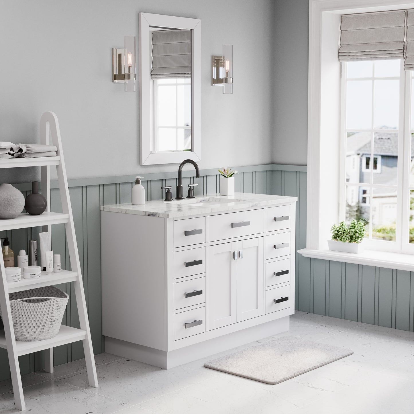 Hartford 48 In. 34 In. H Bath Vanity in White with Marble Vanity Top and White Basin | Water Creation