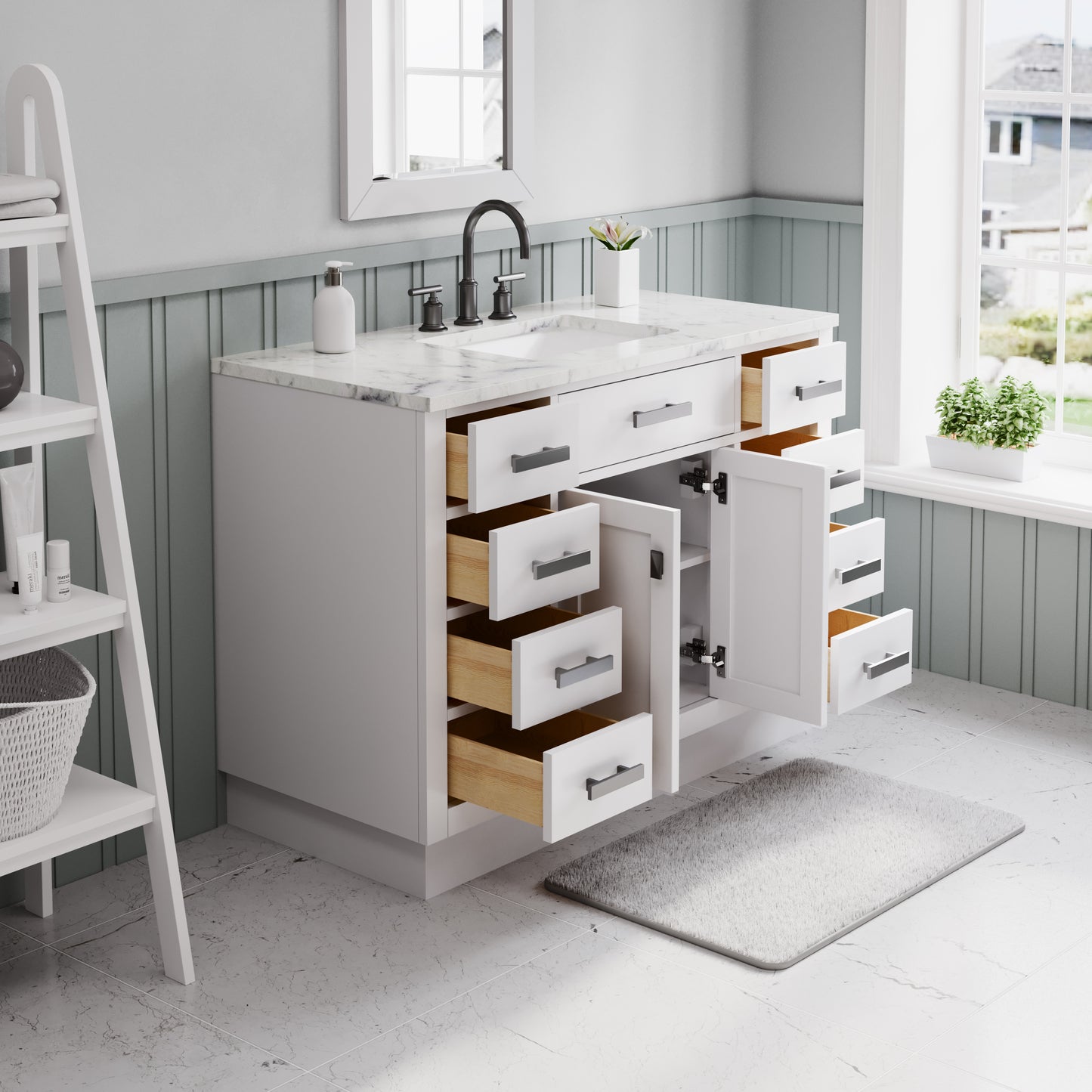 Hartford 48 In. 34 In. H Bath Vanity in White with Marble Vanity Top and White Basin | Water Creation