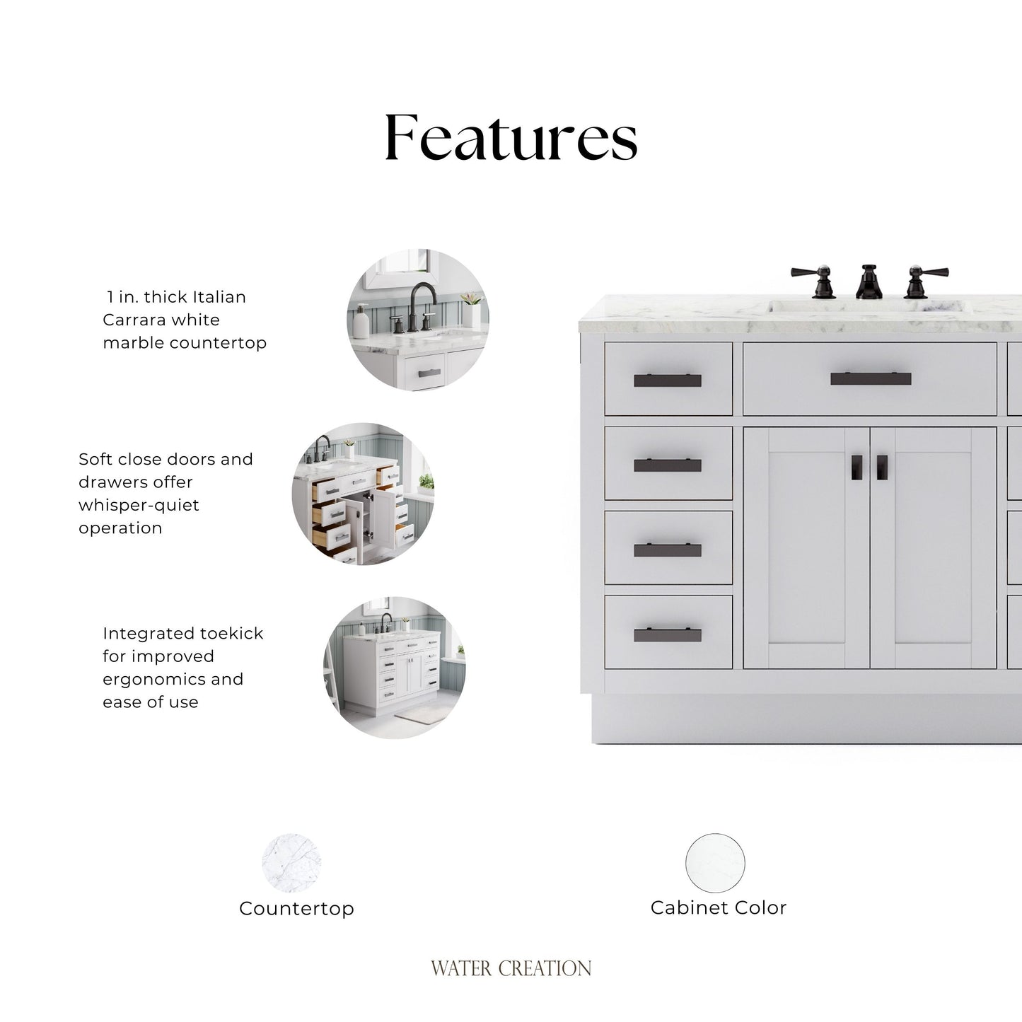 Hartford 48 In. 34 In. H Bath Vanity in White with Marble Vanity Top and White Basin | Water Creation