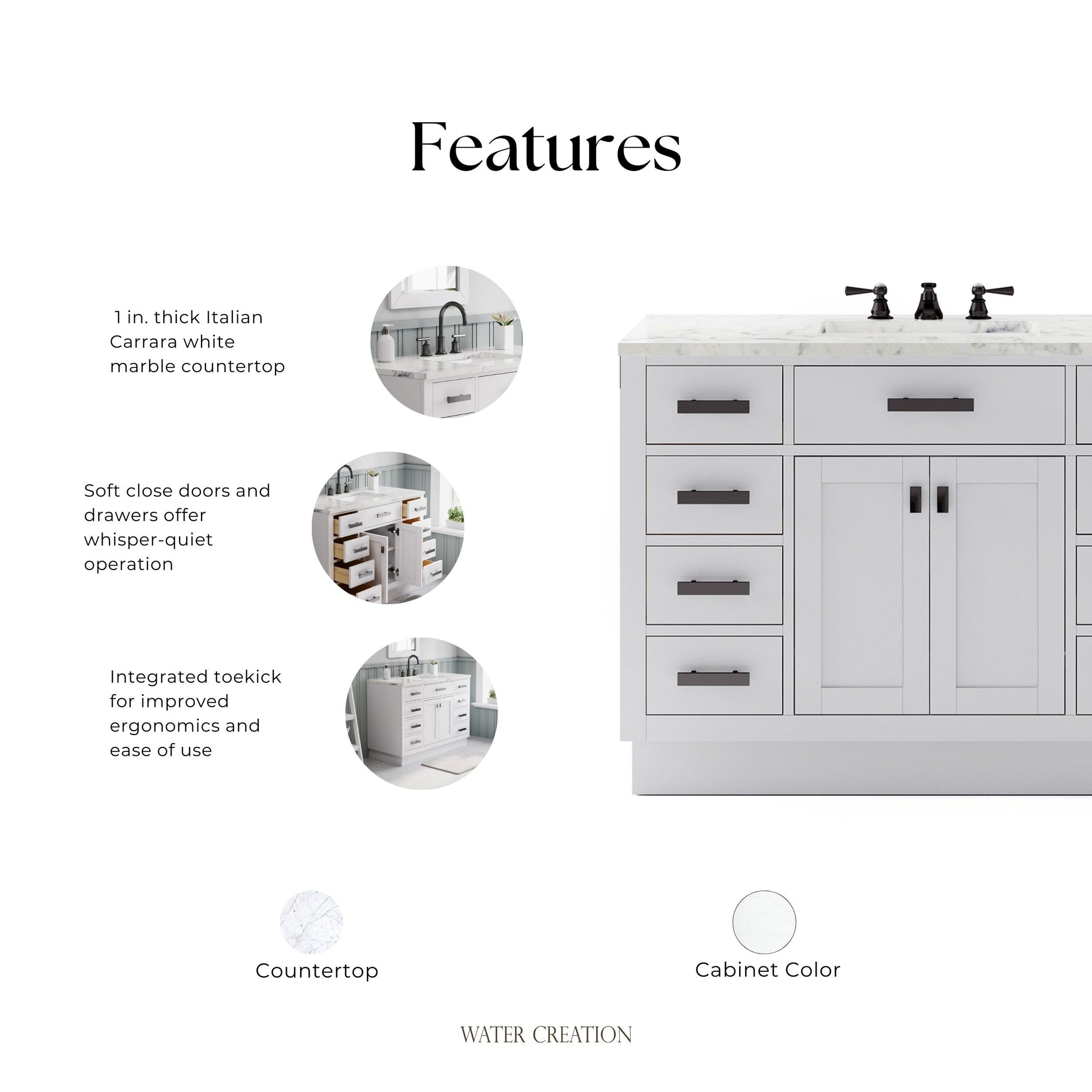 Hartford 48 In. 34 In. H Bath Vanity in White with Marble Vanity Top and White Basin | Water Creation
