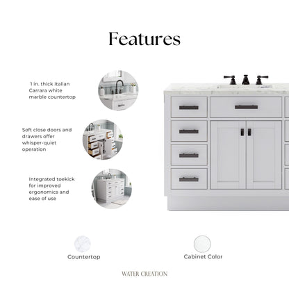 Hartford 48 In. 34 In. H Bath Vanity in White with Marble Vanity Top and White Basin | Water Creation