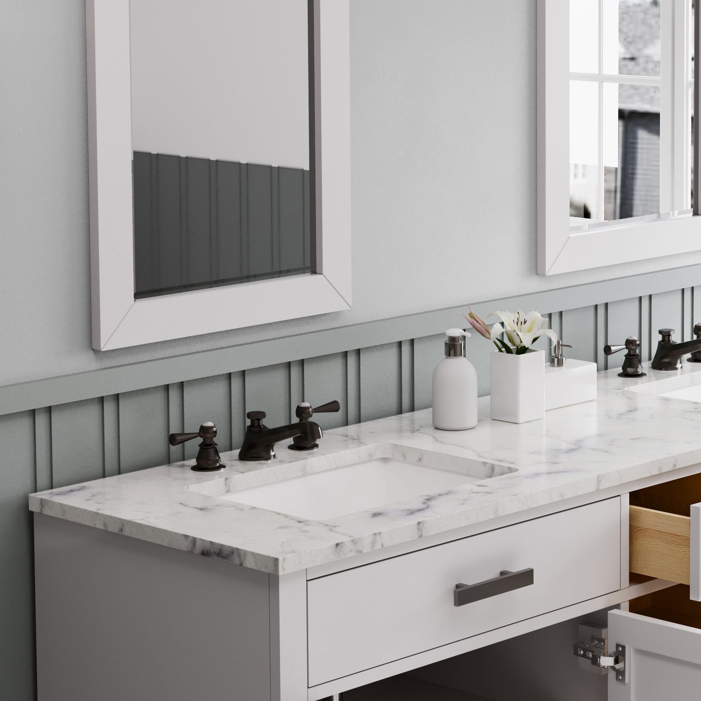 Hartford 72 In. Bath Vanity in White with Marble Vanity Top with White Basin | Water Creation