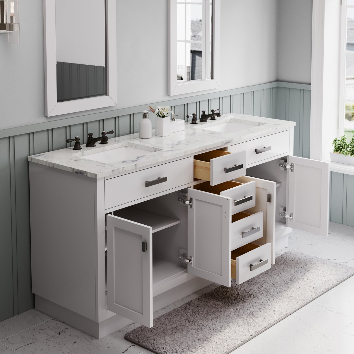 Hartford 72 In. Bath Vanity in White with Marble Vanity Top with White Basin | Water Creation