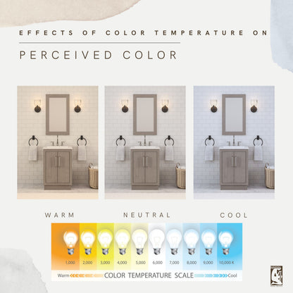 Color temperature comparison of the 24 inch Water Creation Hugo grey oak single sink bathroom vanity under warm, neutral, and cool light