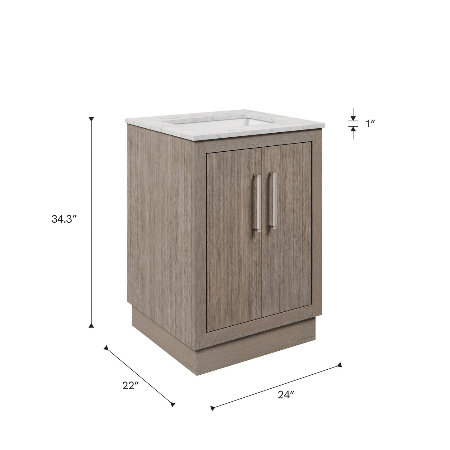 Dimensions diagram for the 24 inch Water Creation Hugo grey oak single sink bathroom vanity with white marble top