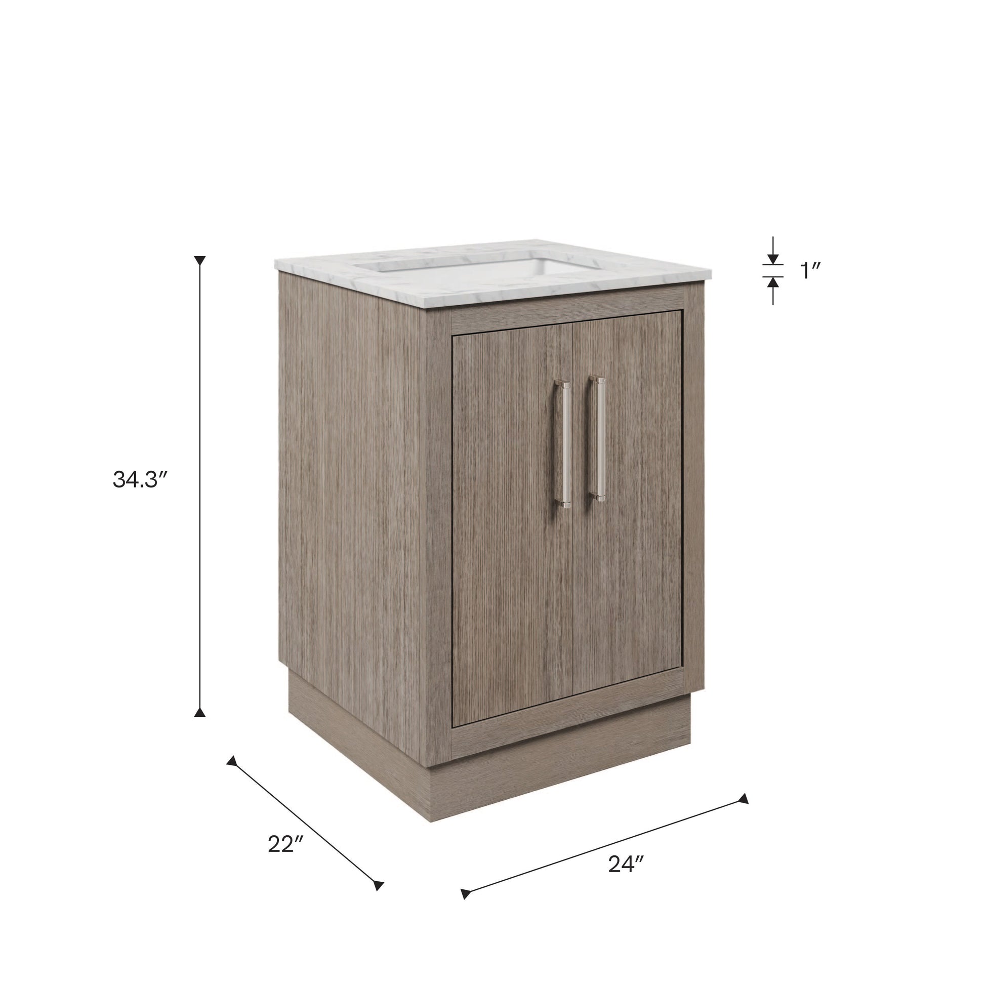 Dimensions diagram for the 24 inch Water Creation Hugo grey oak single sink bathroom vanity with white marble top