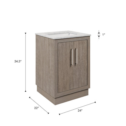 Dimensions diagram for the 24 inch Water Creation Hugo grey oak single sink bathroom vanity with white marble top