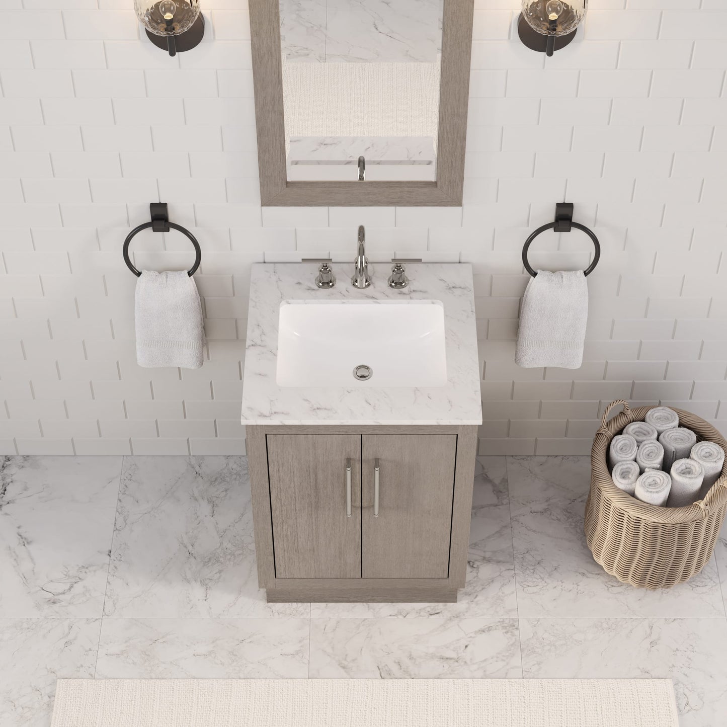 Hugo 24 in. Bath Vanity in Grey Oak with Marble Vanity Top in White with White Basin | Water Creation