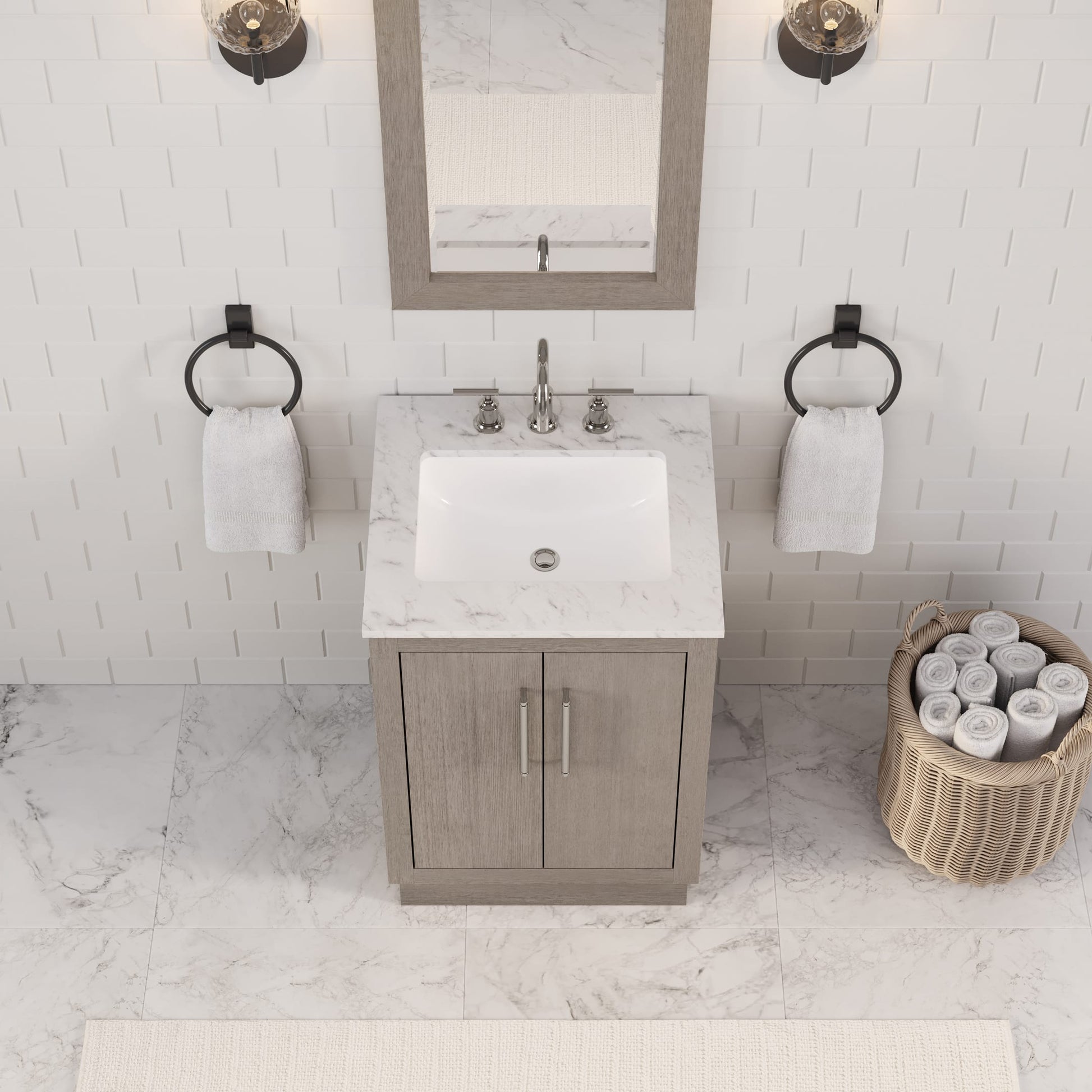Hugo 24 in. Bath Vanity in Grey Oak with Marble Vanity Top in White with White Basin | Water Creation