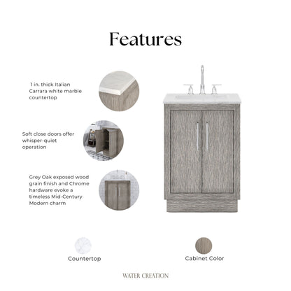 Hugo 24 in. Bath Vanity in Grey Oak with Marble Vanity Top in White with White Basin | Water Creation