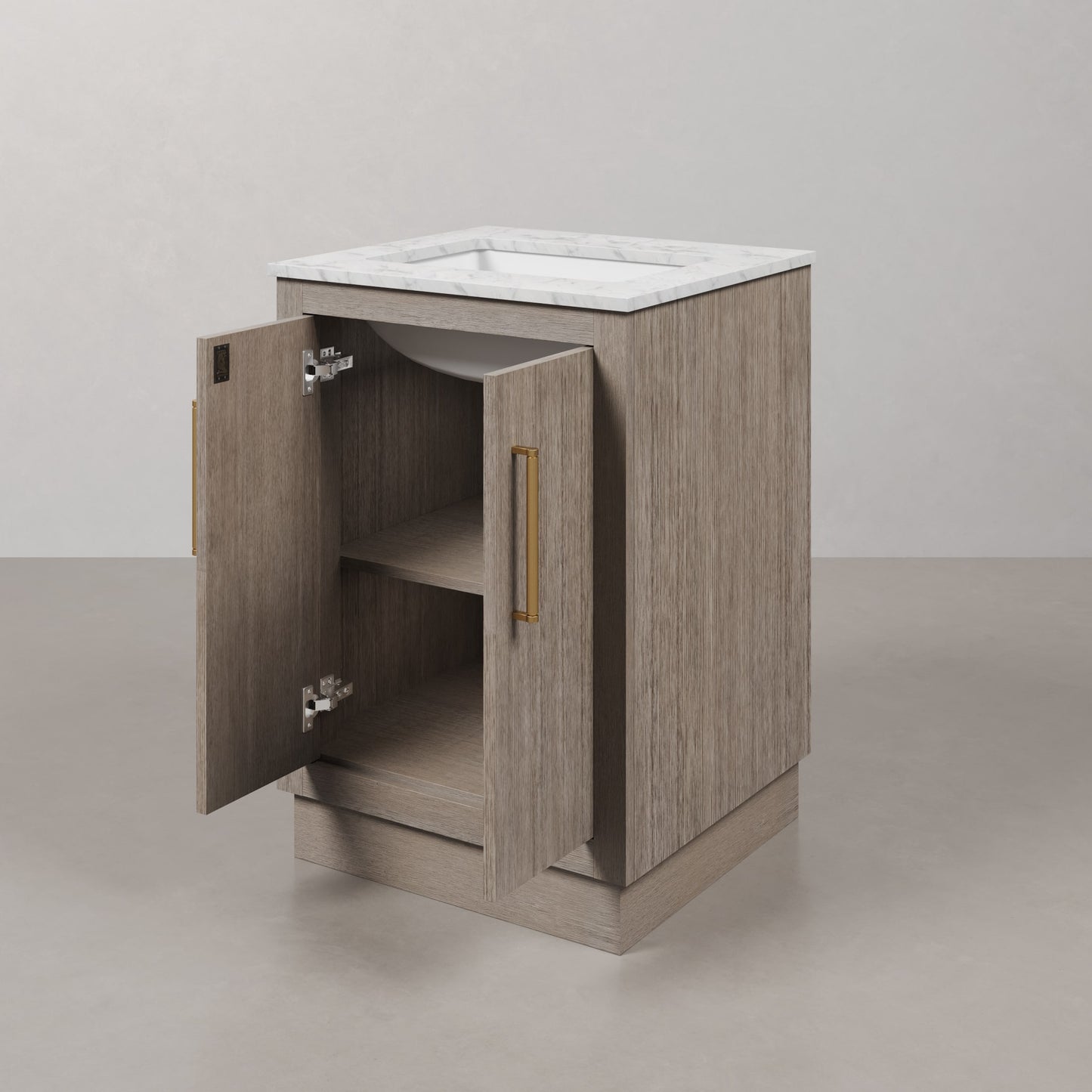 Hugo 24 in. Bath Vanity in Grey Oak with Marble Vanity Top in White with White Basin | Water Creation